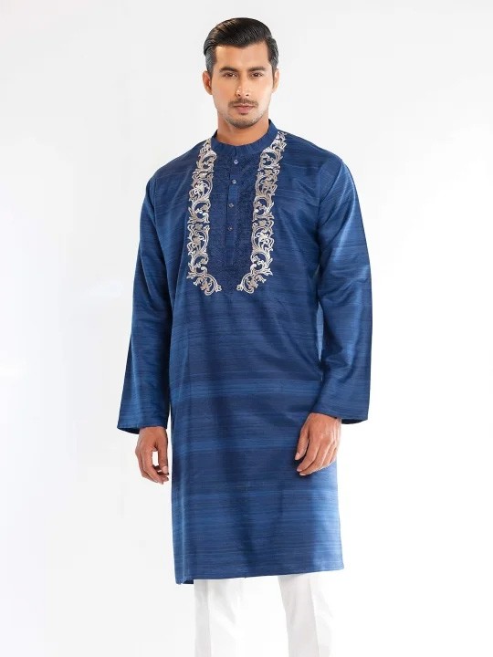 Deep Blue Embroidered Endi Silk Panjabi